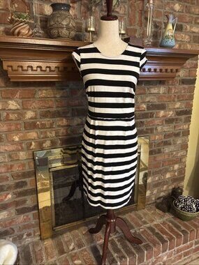 Loft Black & White Striped Spring Dress Size 8 Petite Zips In Back